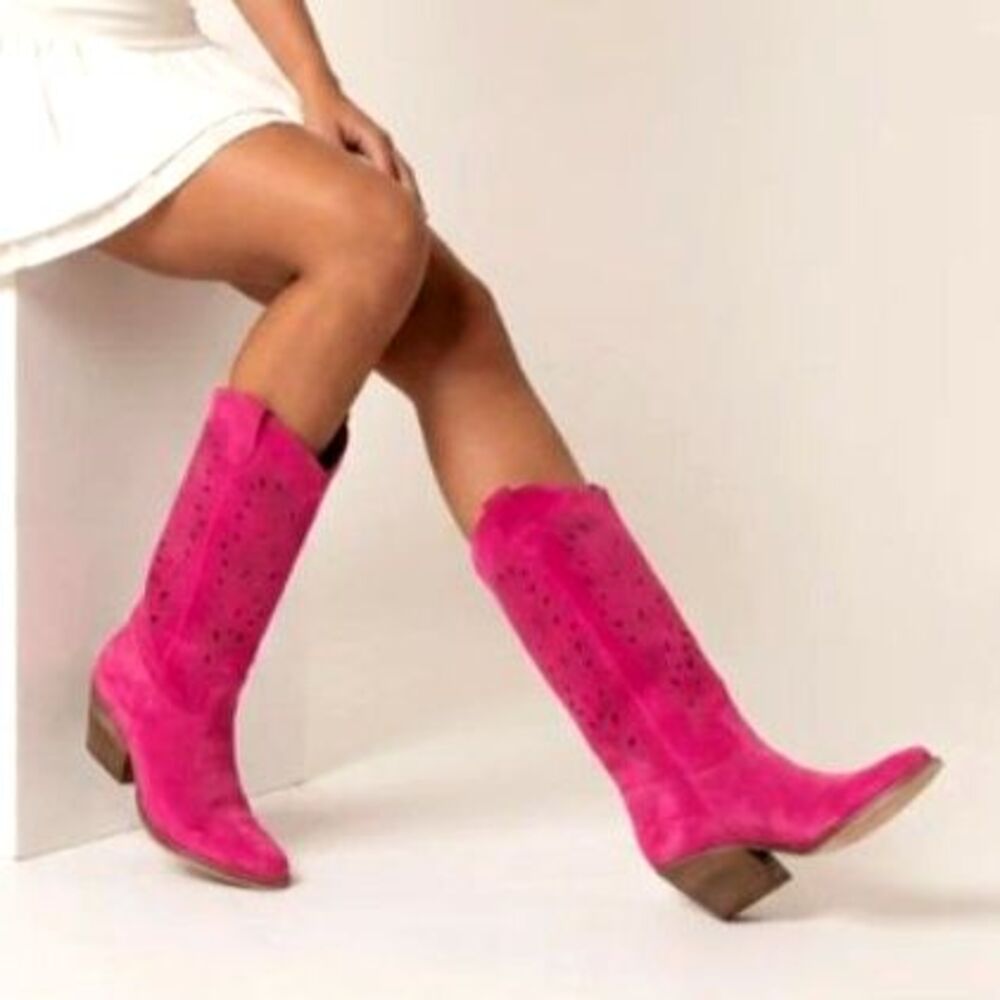 KS Kali Shoes Rea Magenta Pink Texan Laser-Cut Western Boots Suede Sz EU 38
